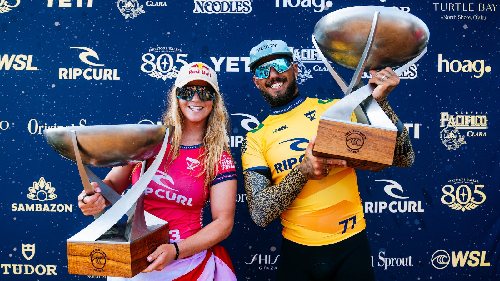 Caroline Marks and Filipe Toledo Win 2023 World Title at Rip Curl WSL Finals. Photo: WSL / Thiago Diz